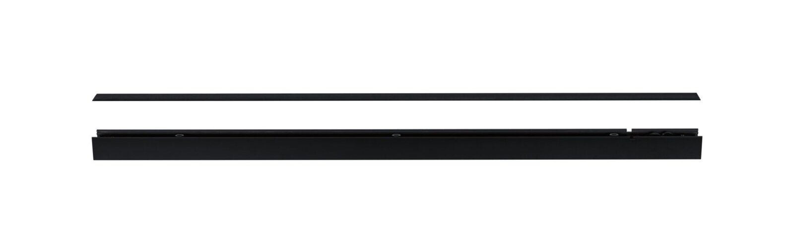 Schwarze lineare Schienenleuchte/LED-Lichtleiste in schlankem Design, frontal in Seitenansicht auf weißem Hintergrund dargestellt