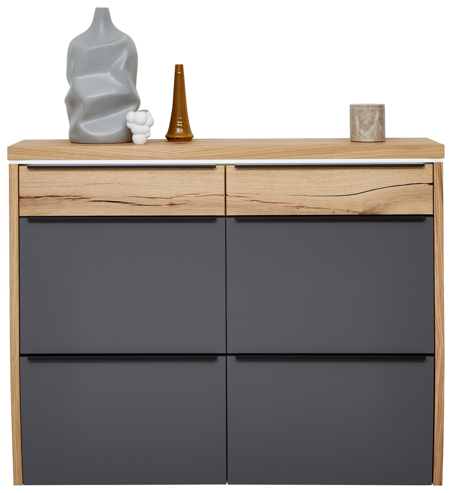 Moderner Hängeschuhschrank mit LED-Beleuchtung, graue Fronten und Holzdetails, frontal abgebildet mit dekorativen Vasen auf der Oberseite.