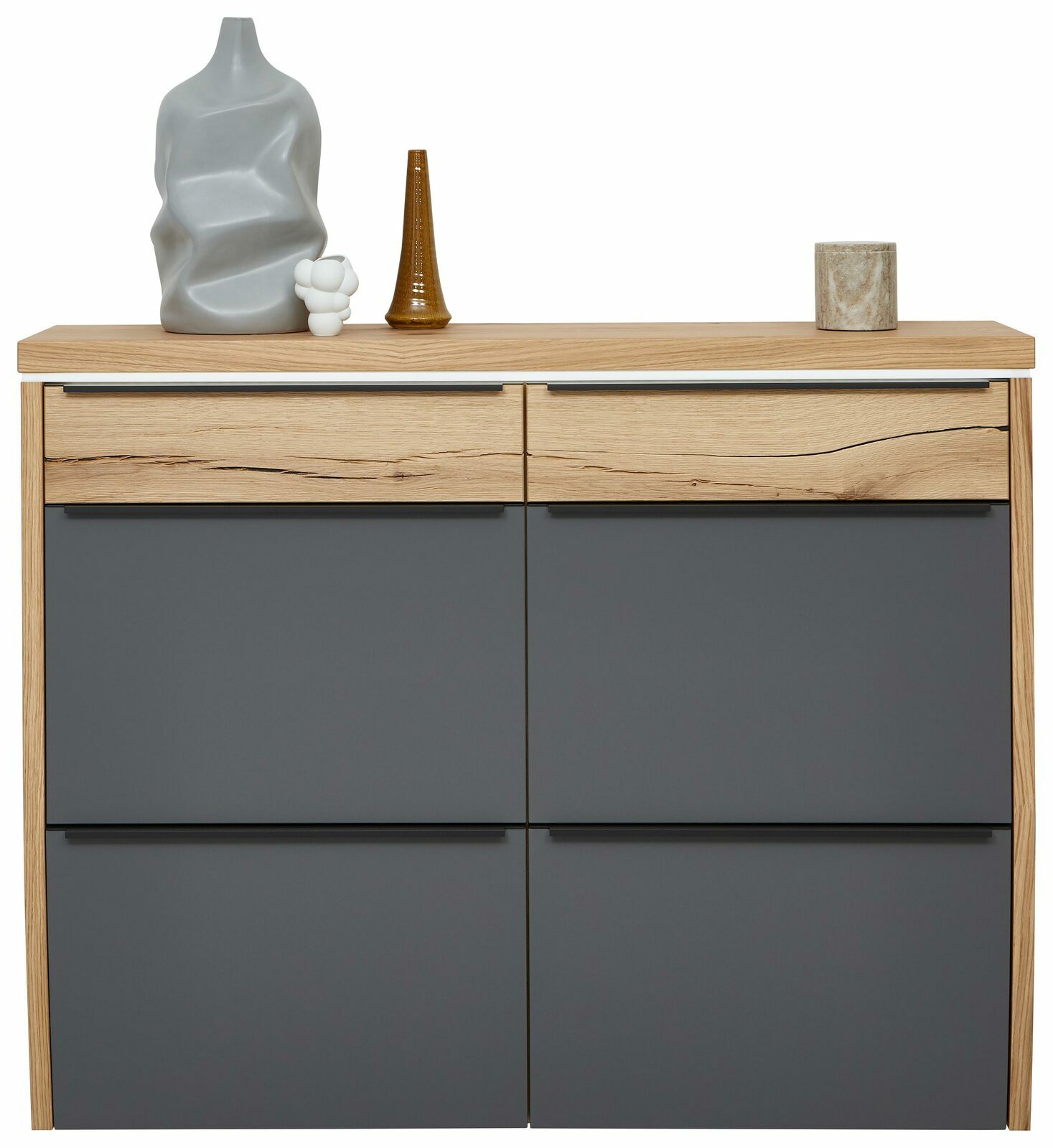 Moderner Hängeschuhschrank mit LED-Beleuchtung, graue Fronten und Holzdetails, frontal abgebildet mit dekorativen Vasen auf der Oberseite.