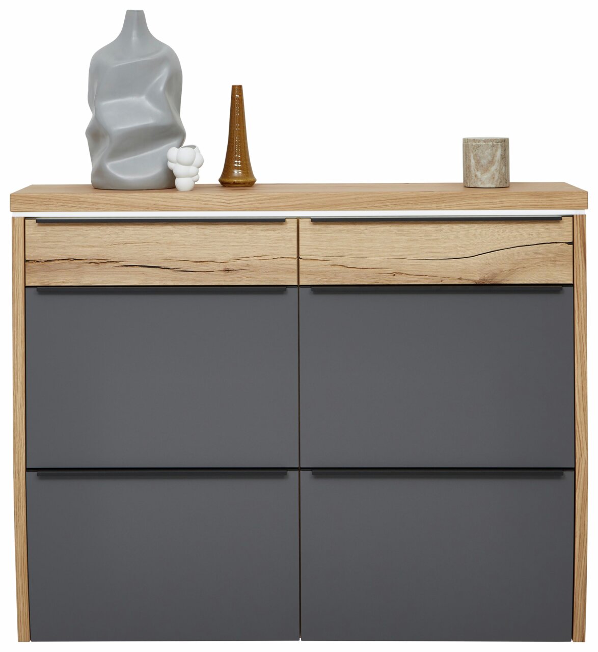 Moderner Hängeschuhschrank mit LED-Beleuchtung, graue Fronten und Holzdetails, frontal abgebildet mit dekorativen Vasen auf der Oberseite.
