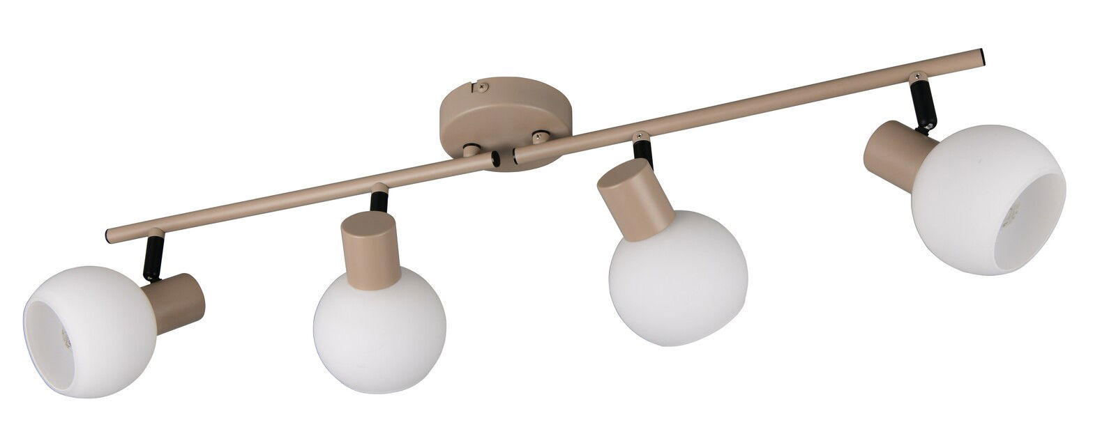 Deckenstrahler mit vier verstellbaren, kugelförmigen Leuchten in beige, seitliche Perspektive