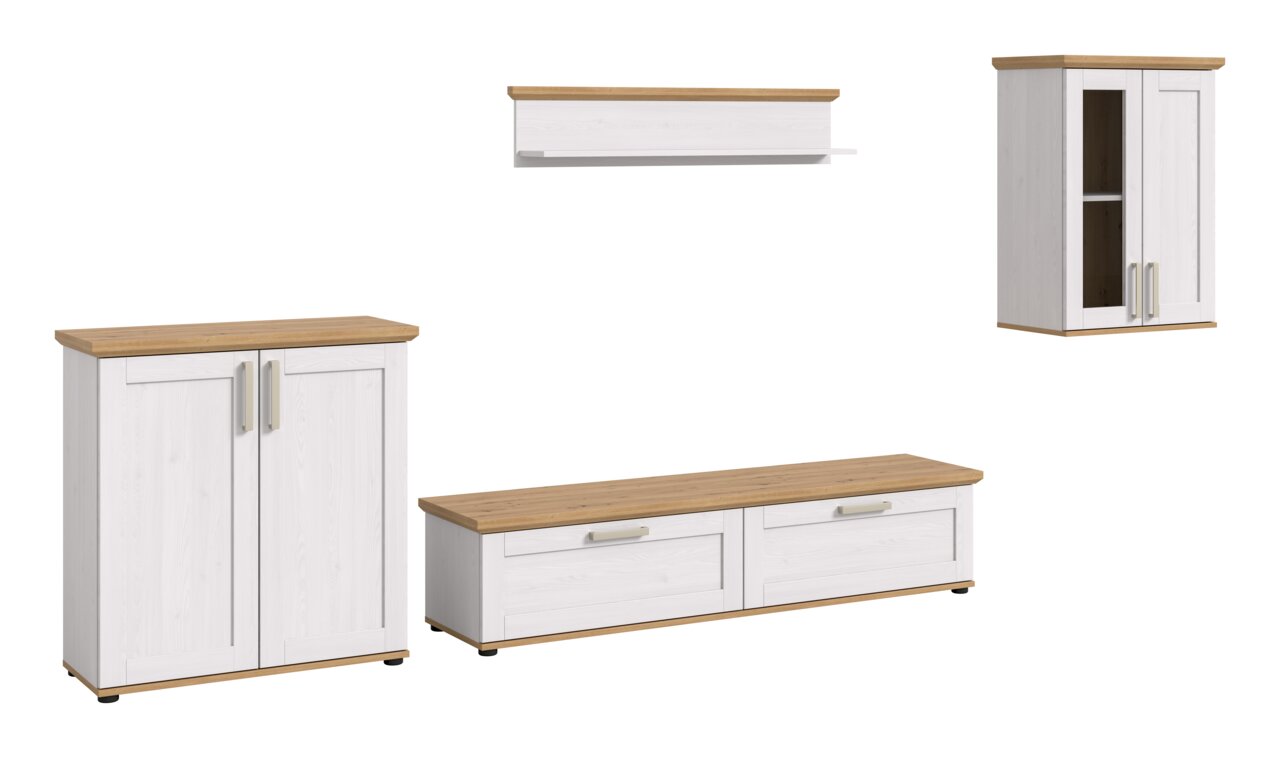 Wohnkombination in Weiß mit Holzoberflächen, bestehend aus einem hohen Schrank, einem TV-Lowboard, einem Hängeschrank und einem Wandregal. Frontalansicht.