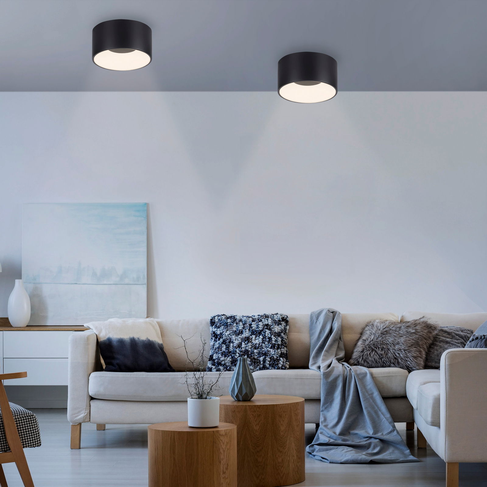 Moderne Deckenleuchte TANIKA in schwarzem Zylinderdesign, von unten betrachtet, in einem stilvoll eingerichteten Wohnzimmer.