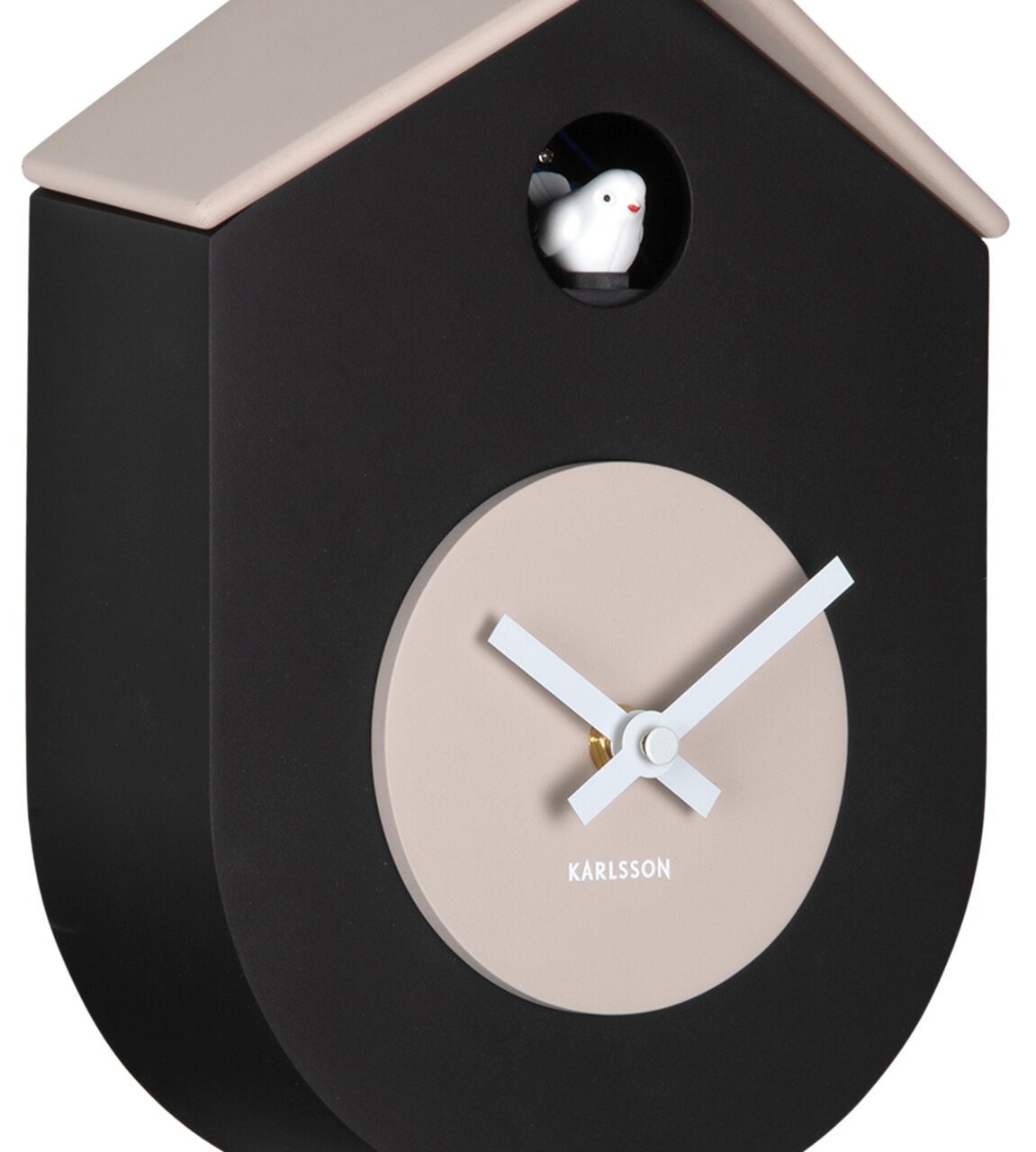 Moderne Wanduhr Grato in Hausform mit schwarzem Gehäuse und beigem Zifferblatt, seitliche Perspektive, mit kleinem Vogel oben.
