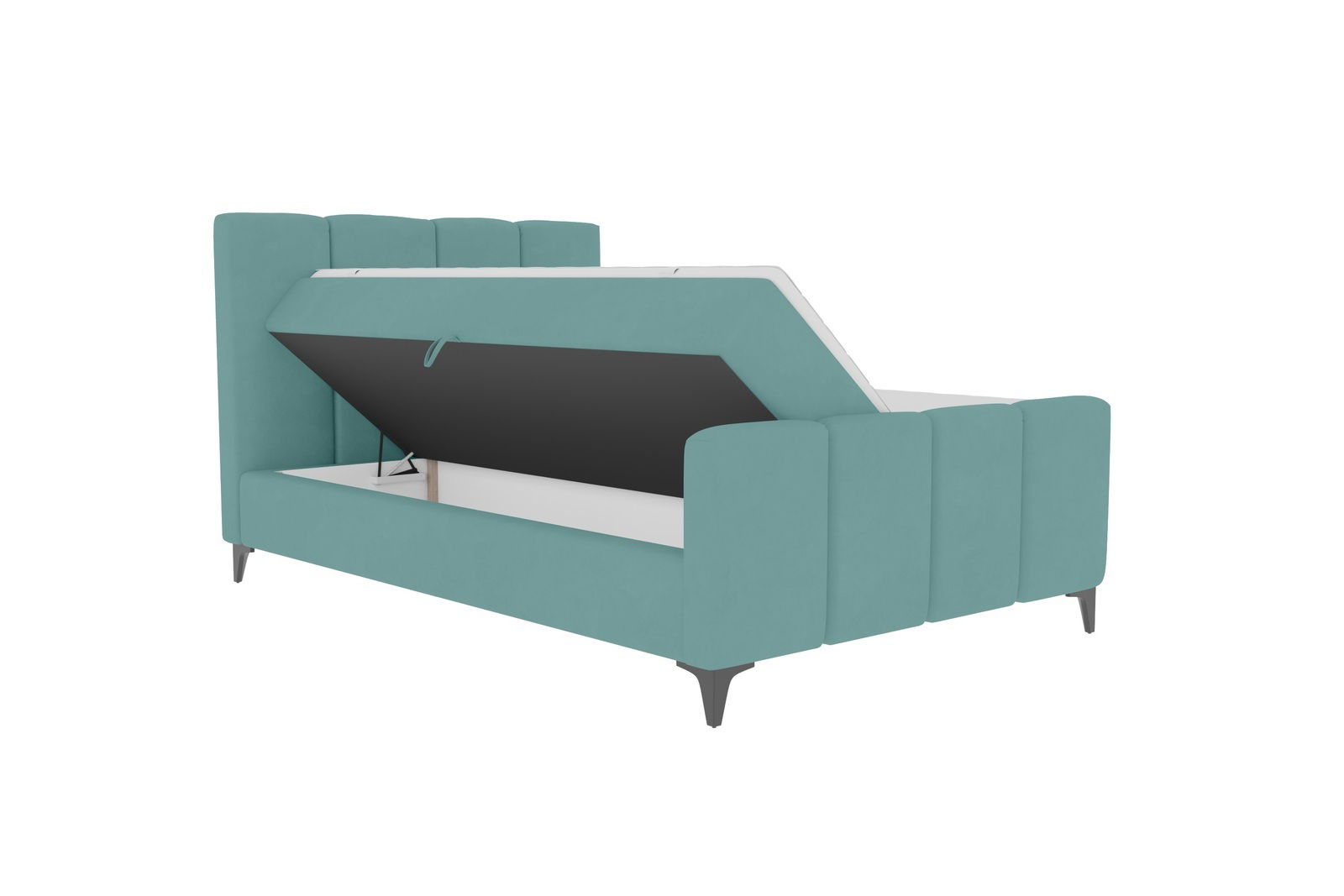 Boxbett mit Stauraum, seitliche Perspektive, geöffnetes Fach