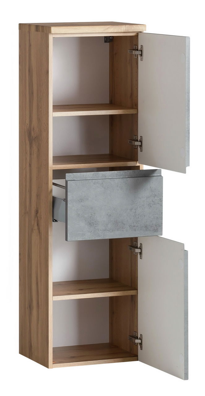 Midischrank aus Holz mit zwei offenen Türen und einer Schublade, seitliche Perspektive