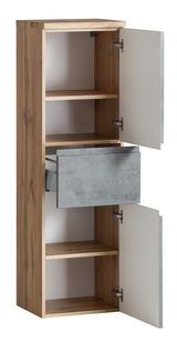 Midischrank aus Holz mit zwei offenen Türen und einer Schublade, seitliche Perspektive