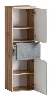 Midischrank aus Holz mit zwei offenen Türen und einer Schublade, seitliche Perspektive