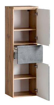 Midischrank aus Holz mit zwei offenen Türen und einer Schublade, seitliche Perspektive