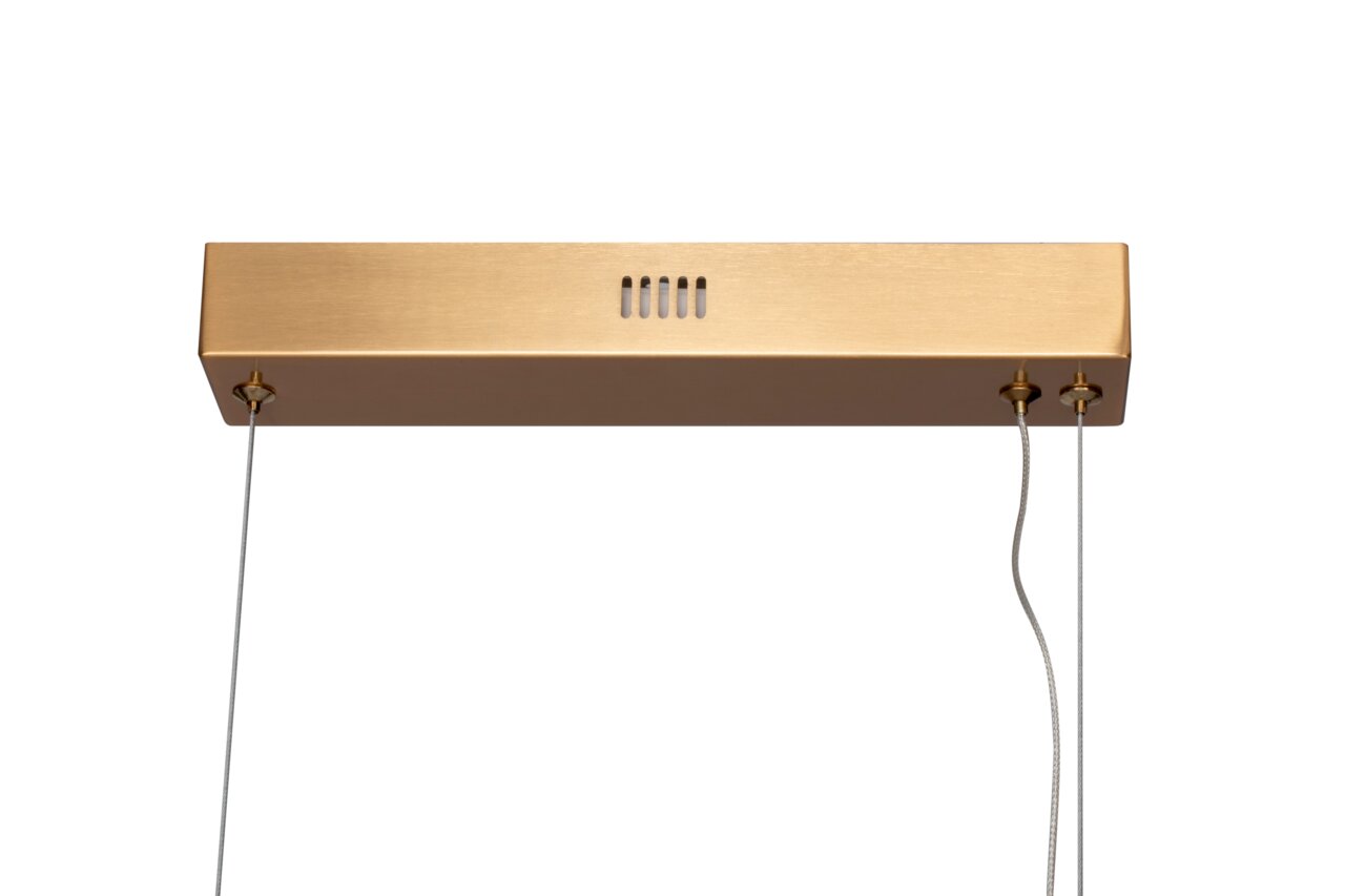 Goldene LED-Pendelleuchte von unten betrachtet mit zwei Aufhängungen und Lüftungsschlitzen.