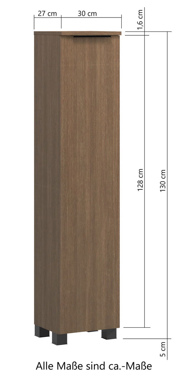 Midischrank 30 in Holzoptik, frontale Ansicht mit Maßen: 30 cm Breite, 27 cm Tiefe, 130 cm Höhe.