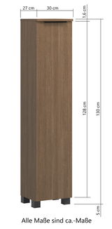 Midischrank 30 in Holzoptik, frontale Ansicht mit Maßen: 30 cm Breite, 27 cm Tiefe, 130 cm Höhe.