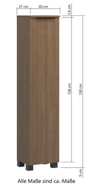 Midischrank 30 in Holzoptik, frontale Ansicht mit Maßen: 30 cm Breite, 27 cm Tiefe, 130 cm Höhe.