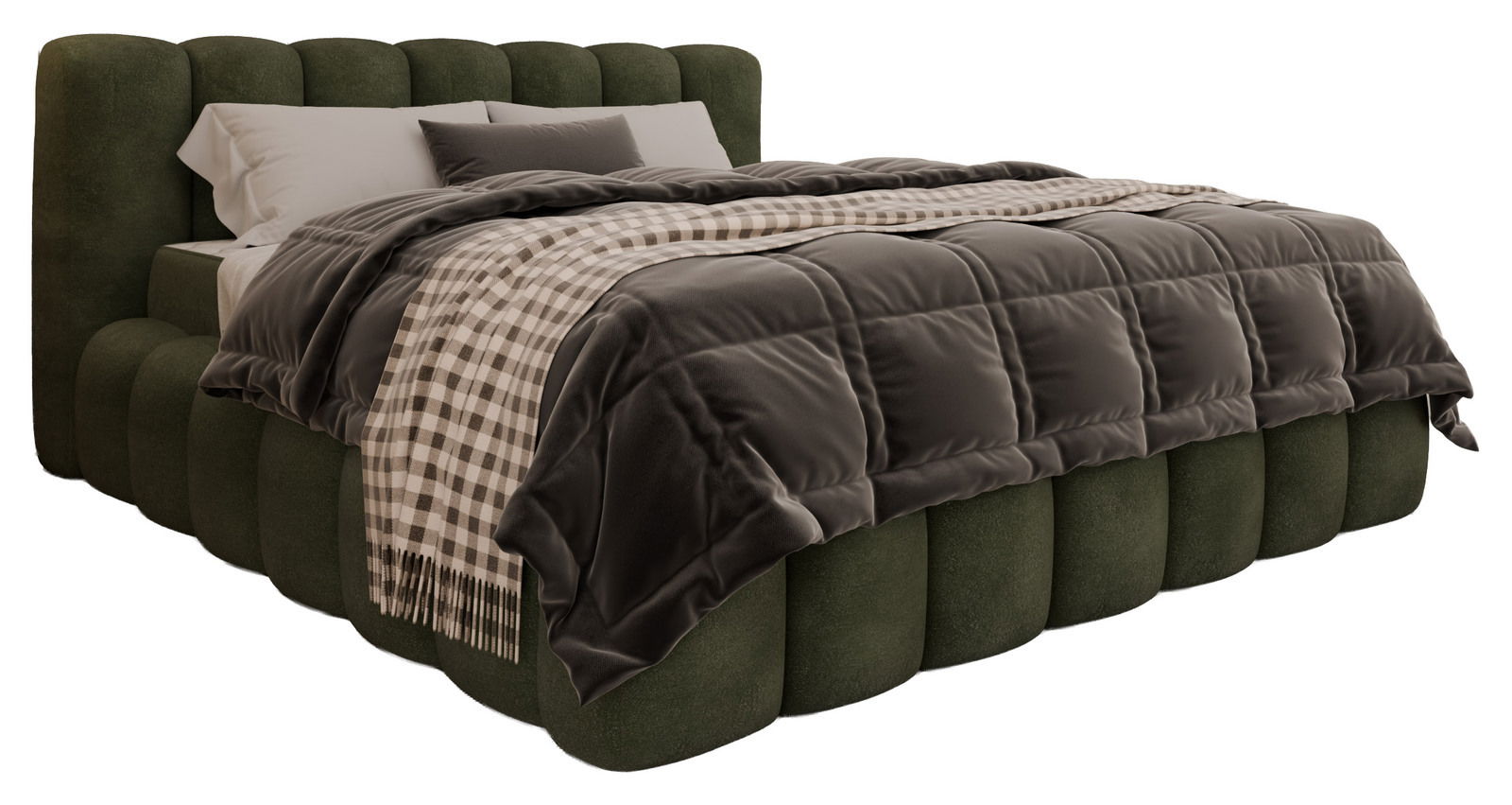 Polsterbettgestell in Olivgrün mit gestepptem Kopfteil und kariertem Überwurf, seitliche Perspektive