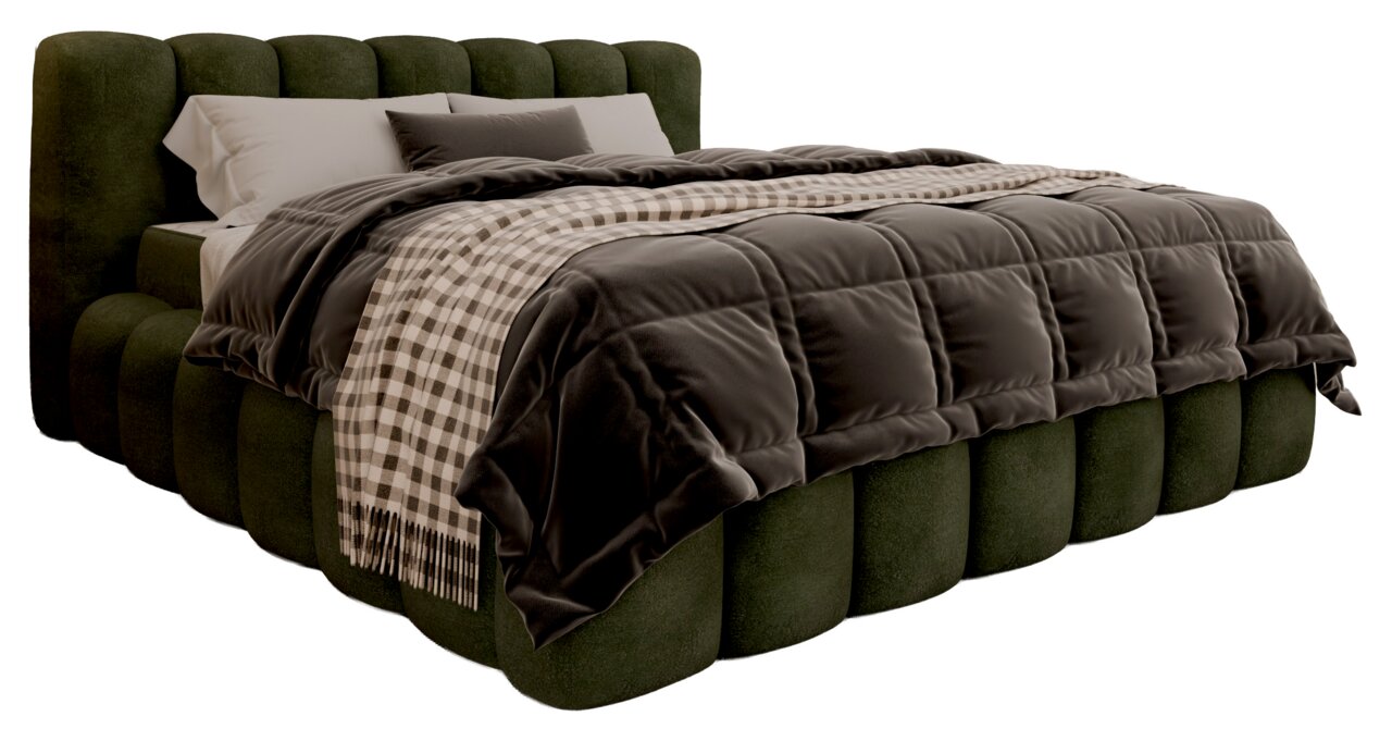 Polsterbettgestell in Olivgrün mit gestepptem Kopfteil und kariertem Überwurf, seitliche Perspektive