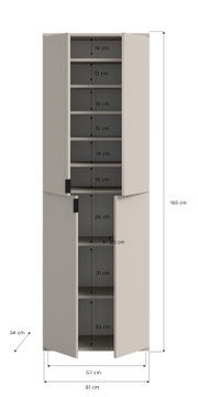 Hoher, schmaler Mehrzweckschrank in Hellgrau mit vier Türen und mehreren Einlegeböden, Frontansicht mit geöffneten Türen und Maßangaben (H 193 cm, B 61 cm, T 34 cm).
