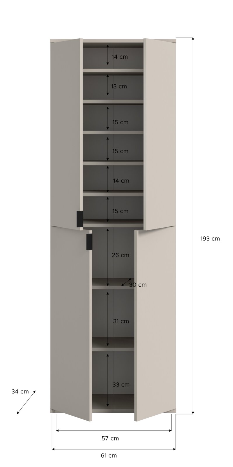 Hoher, schmaler Mehrzweckschrank in Hellgrau mit vier Türen und mehreren Einlegeböden, Frontansicht mit geöffneten Türen und Maßangaben (H 193 cm, B 61 cm, T 34 cm).