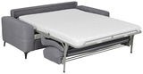 Graues Funktionssofa mit ausgeklappter Matratze, seitliche Perspektive