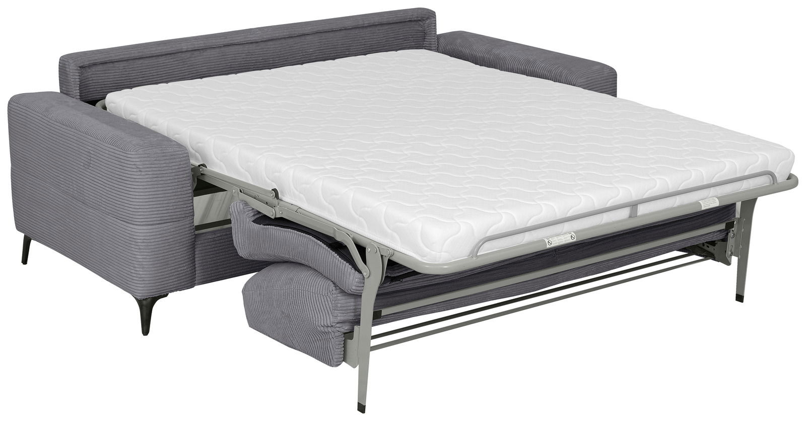 Graues Funktionssofa mit ausgeklappter Matratze, seitliche Perspektive