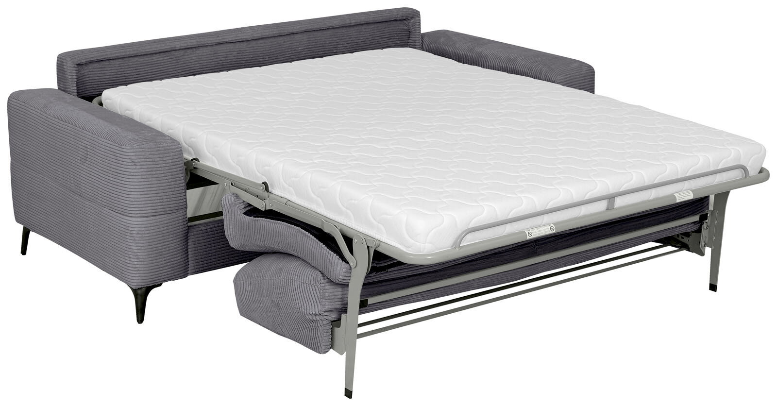 Graues Funktionssofa mit ausgeklappter Matratze, seitliche Perspektive
