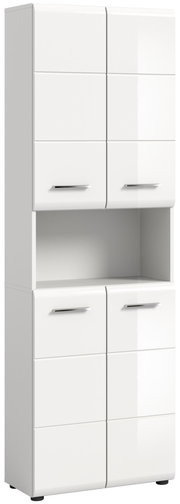 Weißer Hochschrank mit glänzender Oberfläche, vier Türen und einem offenen Fach in der Mitte, Frontalansicht.