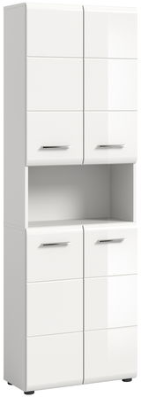 Weißer Hochschrank mit glänzender Oberfläche, vier Türen und einem offenen Fach in der Mitte, Frontalansicht.