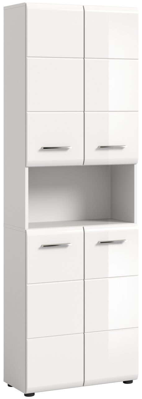 Weißer Hochschrank mit glänzender Oberfläche, vier Türen und einem offenen Fach in der Mitte, Frontalansicht.