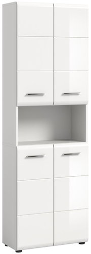 Weißer Hochschrank mit glänzender Oberfläche, vier Türen und einem offenen Fach in der Mitte, Frontalansicht.