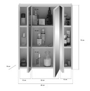 Badezimmerschrank mit Spiegel, drei Türen und mehreren Fächern, gefüllt mit Pflegeprodukten, aus der Frontperspektive.