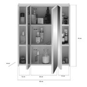 Badezimmerschrank mit Spiegel, drei Türen und mehreren Fächern, gefüllt mit Pflegeprodukten, aus der Frontperspektive.
