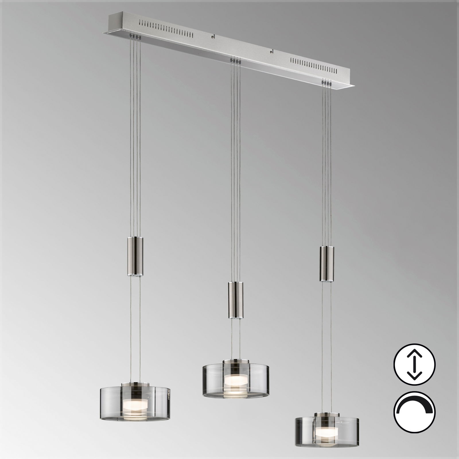 Moderne Pendelleuchte Lavin mit drei höhenverstellbaren, zylindrischen Lampenschirmen aus Glas, seitliche Perspektive