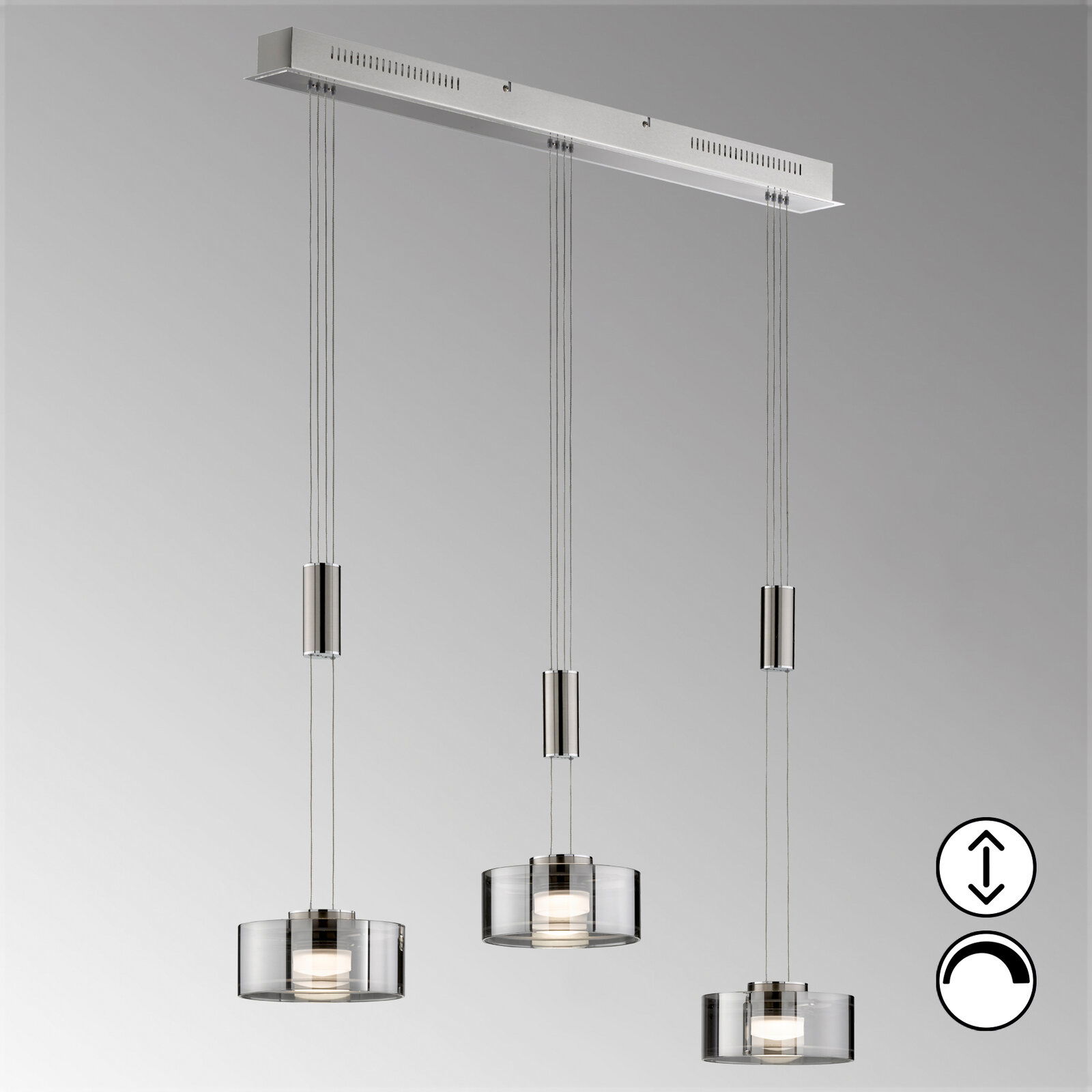 Fischer & Honsel Pendelleuchte LAVIN Moderne Pendelleuchte Lavin mit drei höhenverstellbaren, zylindrischen Lampenschirmen aus Glas, seitliche Perspektive