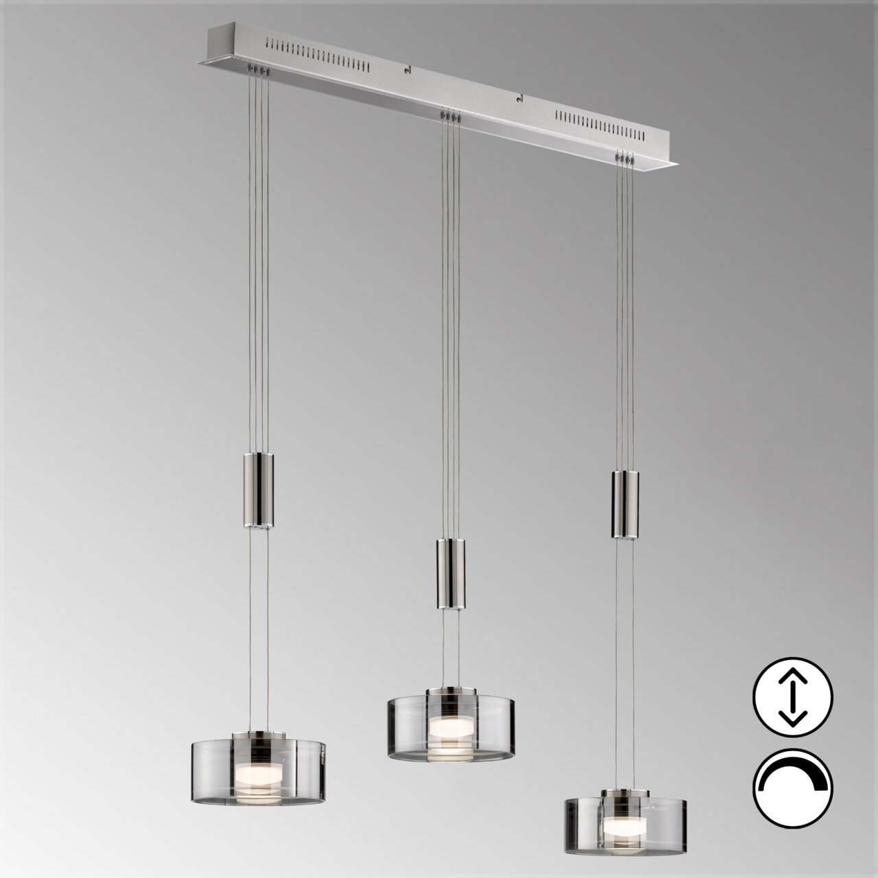 Moderne Pendelleuchte Lavin mit drei höhenverstellbaren, zylindrischen Lampenschirmen aus Glas, seitliche Perspektive