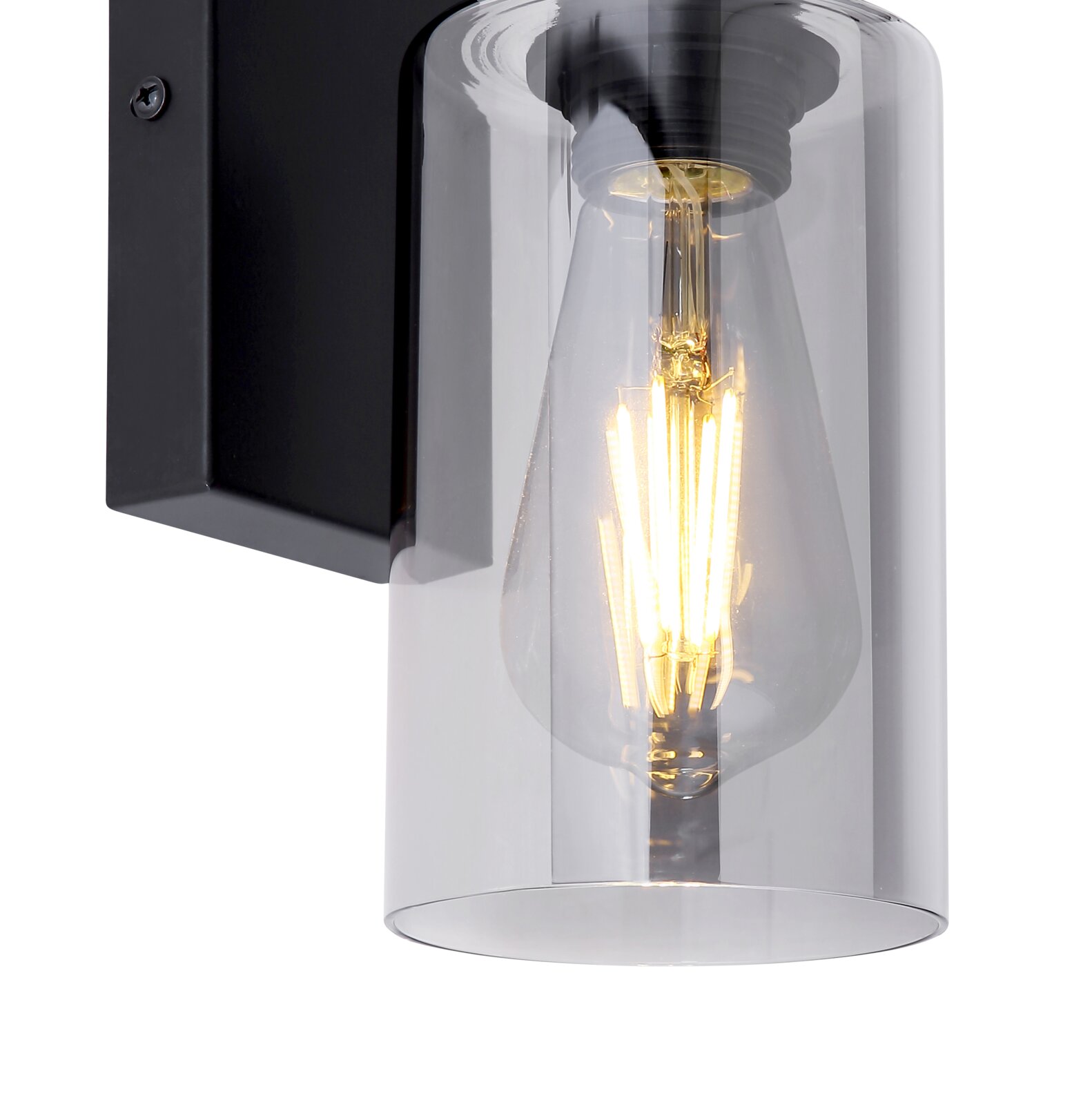 Moderne Wandleuchte mit klarem Glaszylinder und sichtbarer Glühbirne, seitliche Perspektive