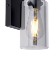Moderne Wandleuchte mit klarem Glaszylinder und sichtbarer Glühbirne, seitliche Perspektive