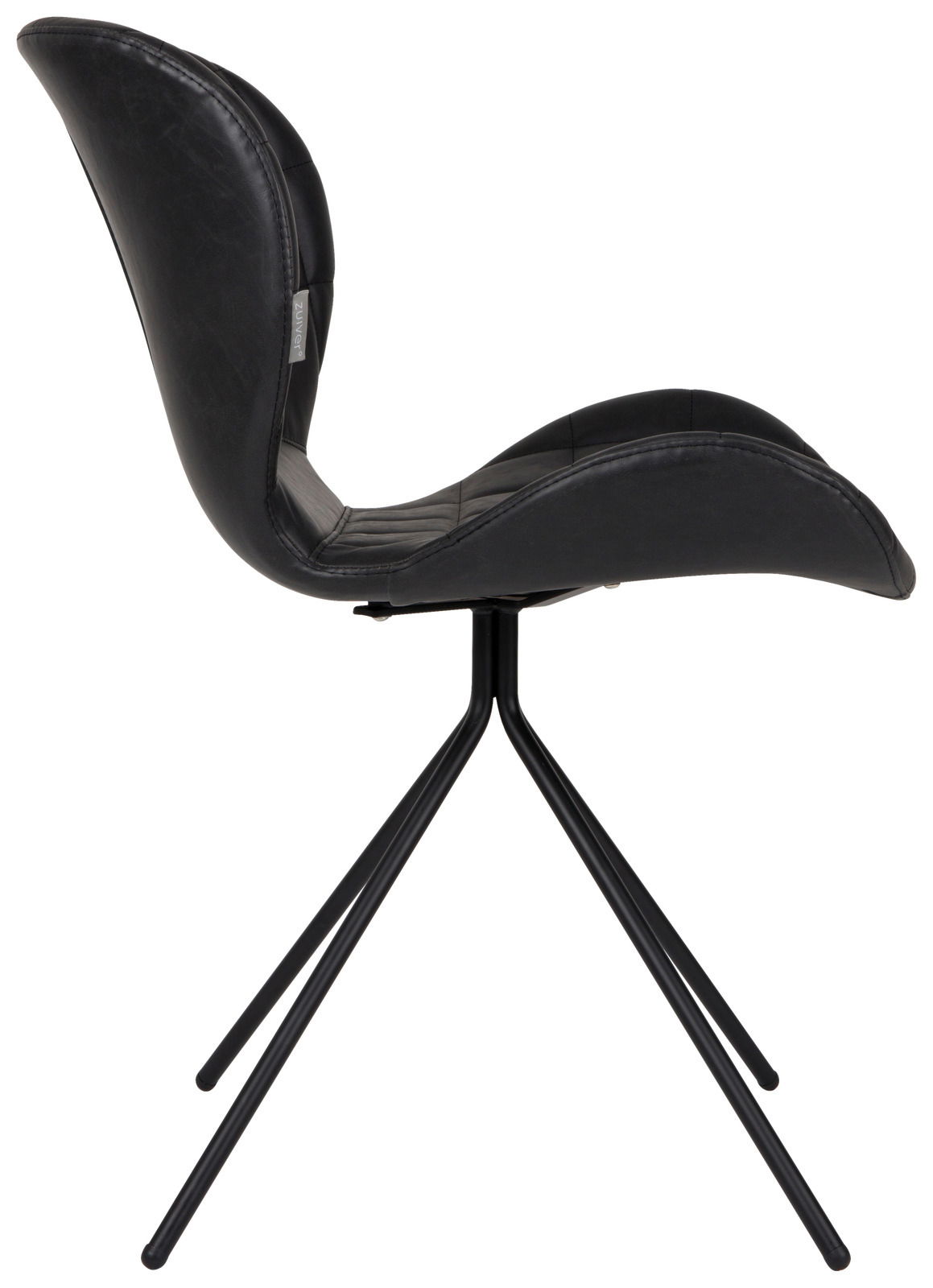 Moderner schwarzer Stuhl mit geschwungener Sitzfläche und Metallbeinen, Seitenansicht