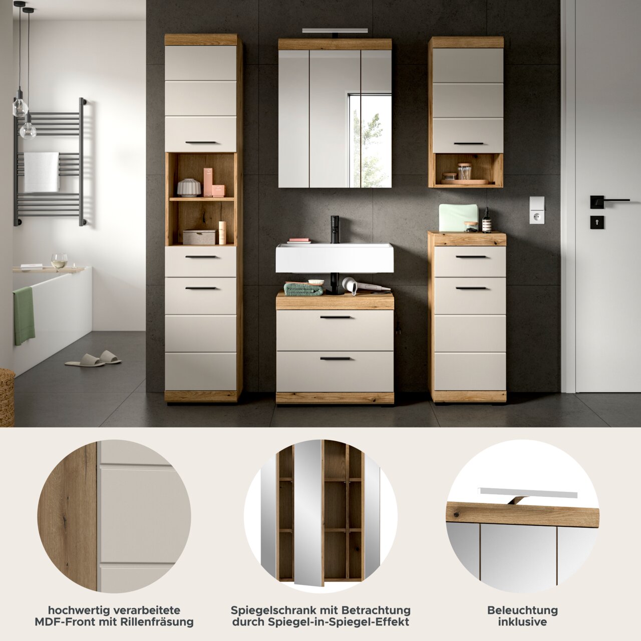 Modernes Badezimmermöbel-Set in Weiß und Eicheoptik mit Waschtischunterschrank, Spiegelschrank mit integrierter Beleuchtung sowie zwei Hochschränken und Hängeschrank, frontal aus Augenhöhe fotografiert