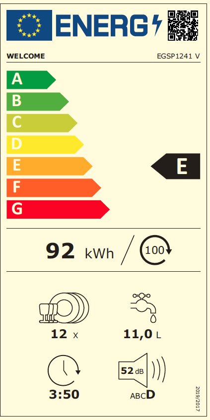 Energieeffizienzlabel für ein Küchengerät mit der Klasse E, 92 kWh Energieverbrauch pro 100 Zyklen, 12 Maßgedecke, 11,0 Liter Wasserverbrauch, 3 Stunden 50 Minuten Laufzeit, 52 dB Lautstärke. Frontalansicht.