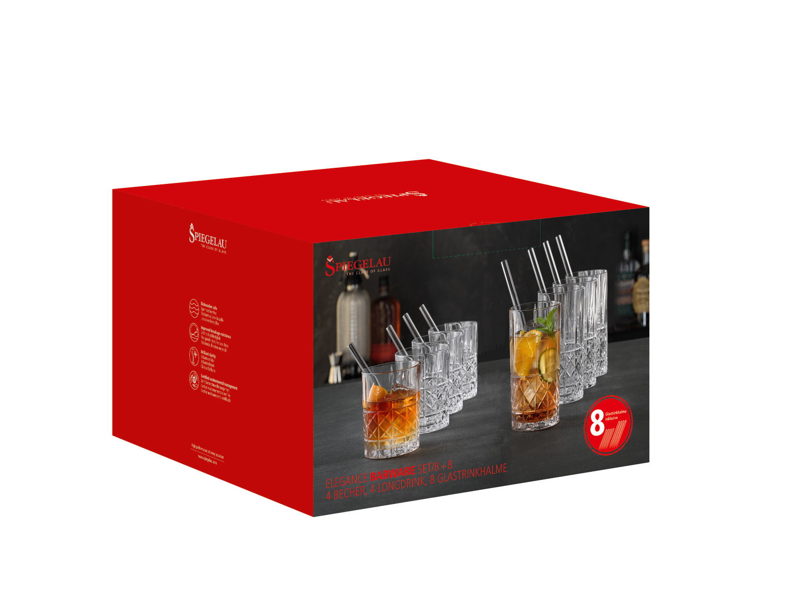 Verpackung des Bechersets Elegance 16tlg. mit seitlicher Perspektive, zeigt elegante Gläser und Trinkhalme.