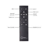 Fernbedienung für LED-Pendelleuchte mit verschiedenen Tasten für Helligkeit, Farbtemperatur und Timer, frontal abgebildet.