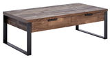 Moderner Couchtisch aus Holz mit zwei Schubladen und Metallbeinen, seitliche Perspektive