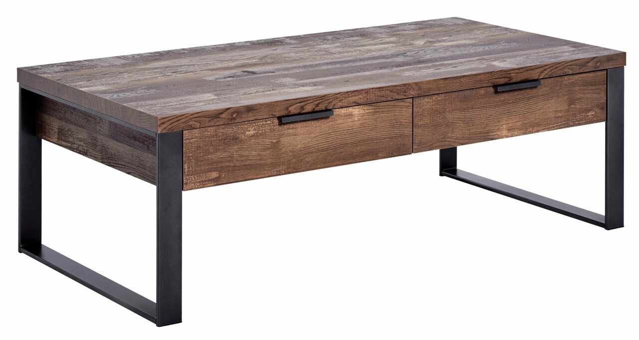 Moderner Couchtisch aus Holz mit zwei Schubladen und Metallbeinen, seitliche Perspektive