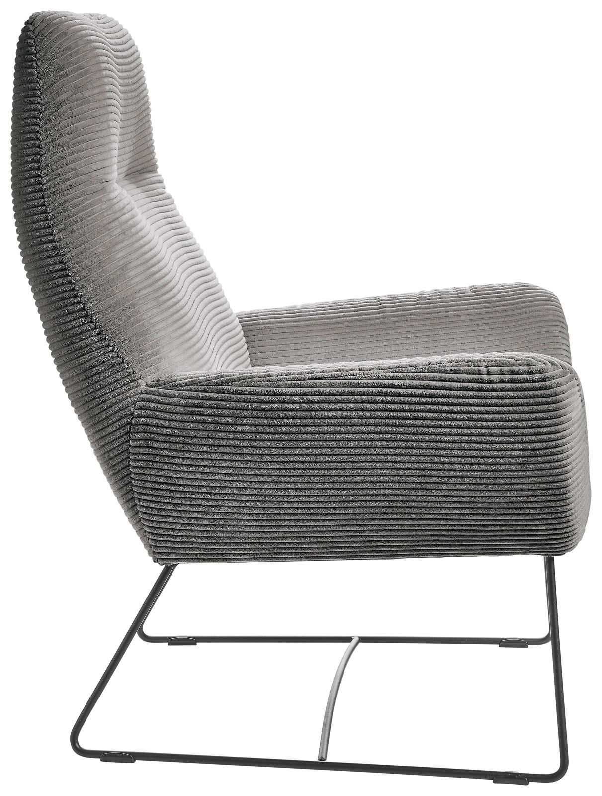 Grauer Sessel mit geripptem Stoffbezug, seitliche Perspektive