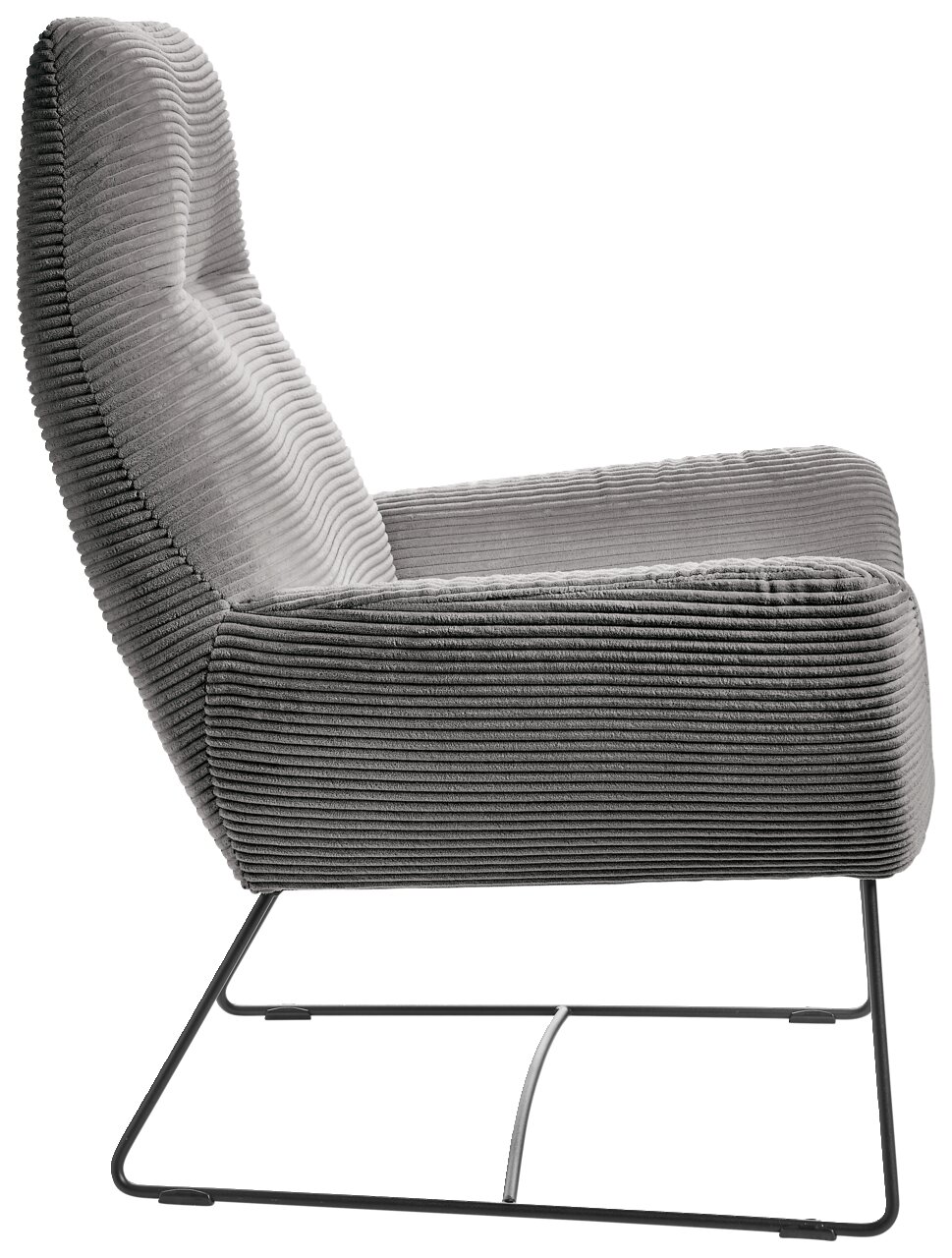 Grauer Sessel mit geripptem Stoffbezug, seitliche Perspektive