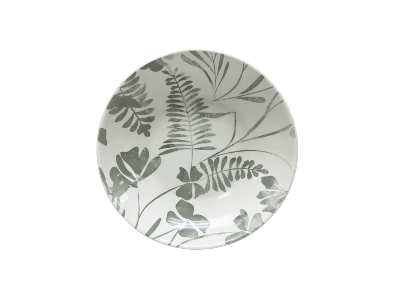 Porzellanteller mit grauem Blattmuster, Draufsicht