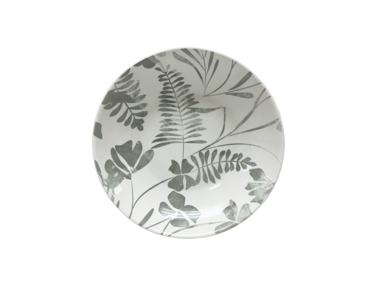 Porzellanteller mit grauem Blattmuster, Draufsicht