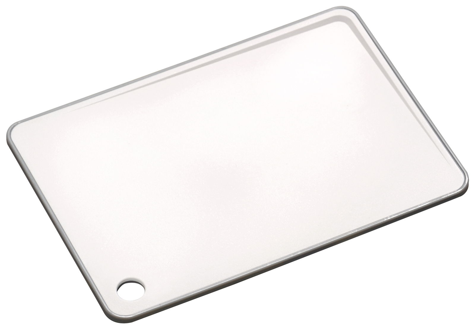 Homeware Schneidebrett mit Rutsch Stop Rechteckiges Schneidebrett mit abgerundeten Ecken und einem Loch in der Ecke, aus der Vogelperspektive fotografiert.