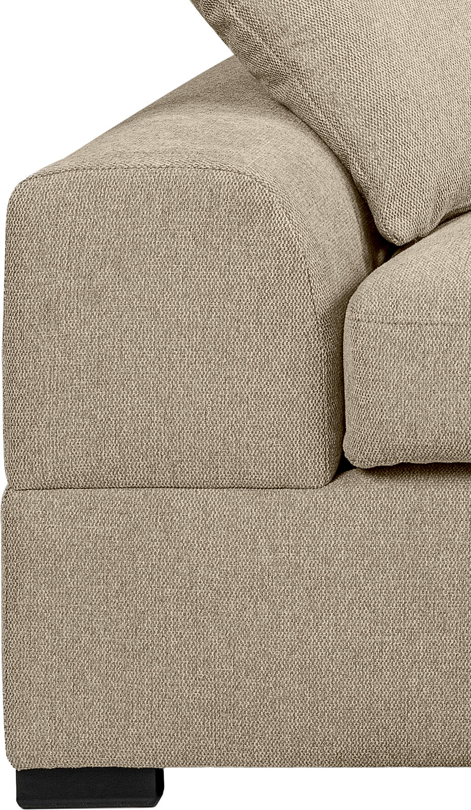 Nahaufnahme der Armlehne und Sitzfläche eines beigen Stoffsofas mit grob gewebter Struktur und schwarzem Fuß, seitliche Perspektive