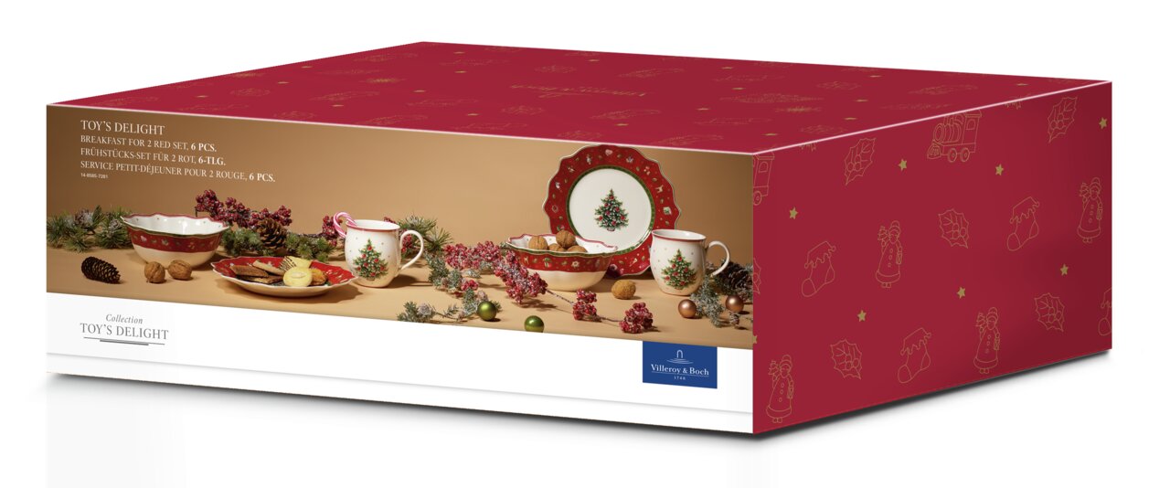 Villeroy & Boch Toy's Delight Breakfast for Two, rot 6-teilig Frontalansicht eines festlichen Frühstückssets mit weihnachtlichen Motiven, bestehend aus Tassen, Tellern und Schalen in Rot und Weiß, verpackt in einer dekorativen Geschenkbox.