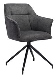 Grauer Armlehnstuhl mit schwarzem Metallgestell, seitliche Perspektive